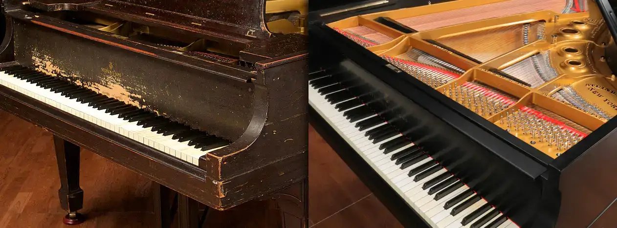 Before and after photo showing a piano in horrible condition with many scratches, completely restored to like new condition with a satin ebony finish.